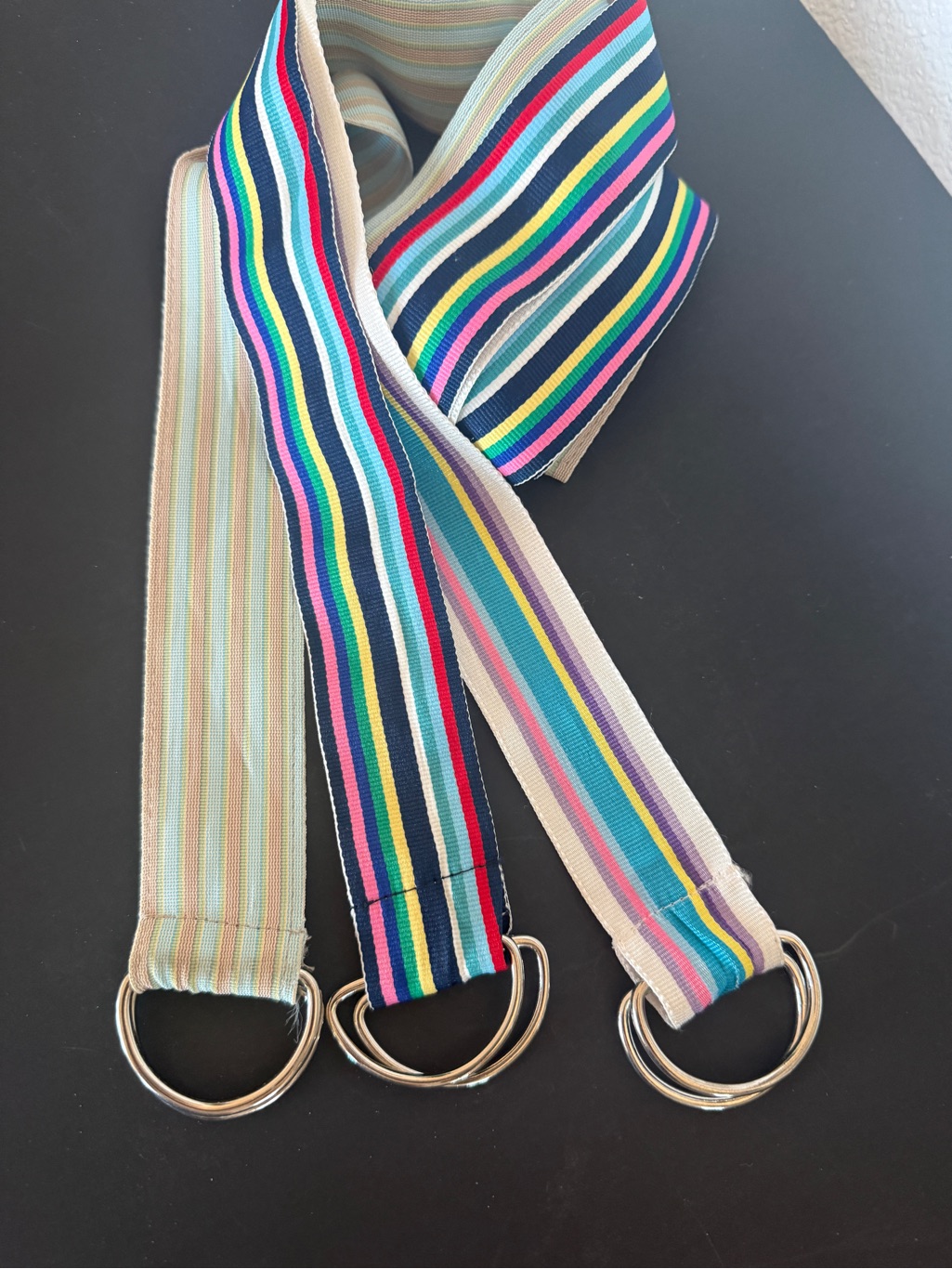 Lot Of 3 Striped D-Ring Belts Preppy Ribbon Fabric Adjustable 1.5” Wide